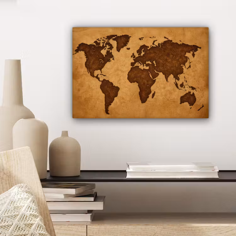 Wereldkaart - Uitgesneden perkament canvas 2cm klein -sfeer6