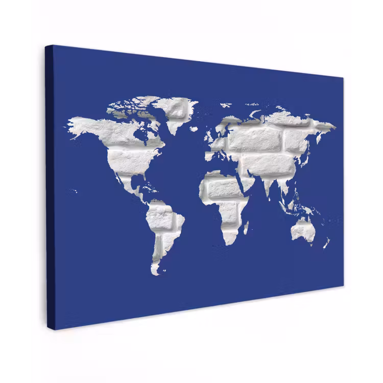 Wereldkaart - Baksteen -Blauw - Wit canvas 2cm klein -z3d