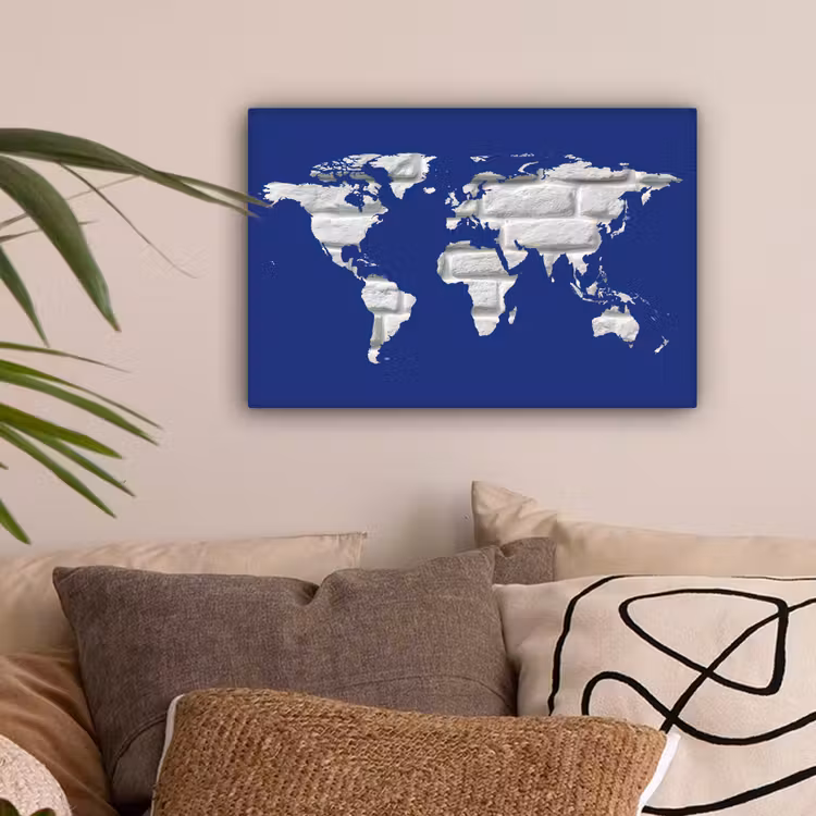 Wereldkaart - Baksteen -Blauw - Wit canvas 2cm klein -sfeer1