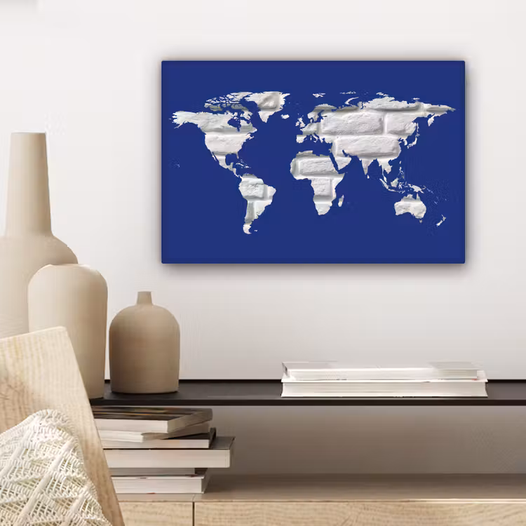 Wereldkaart - Baksteen -Blauw - Wit canvas 2cm klein -sfeer6