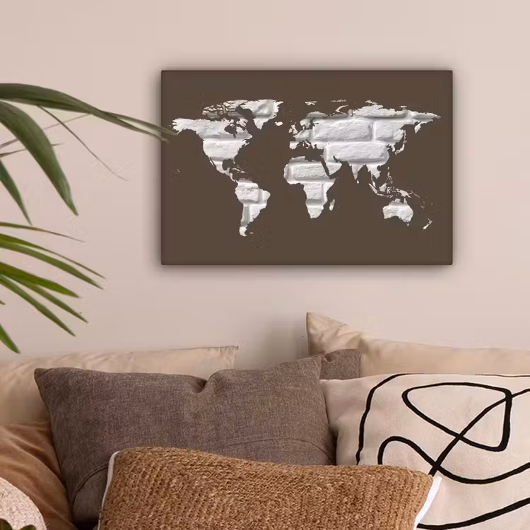 Wereldkaart - Baksteen - Wit - Bruin canvas 2cm klein -sfeer1