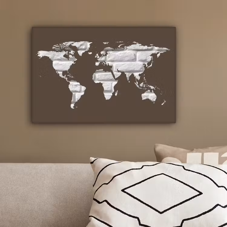 Wereldkaart - Baksteen - Wit - Bruin canvas 2cm klein -sfeer3
