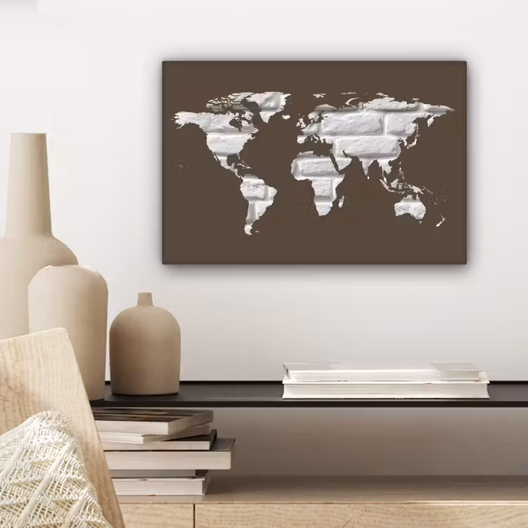 Wereldkaart - Baksteen - Wit - Bruin canvas 2cm klein -sfeer6