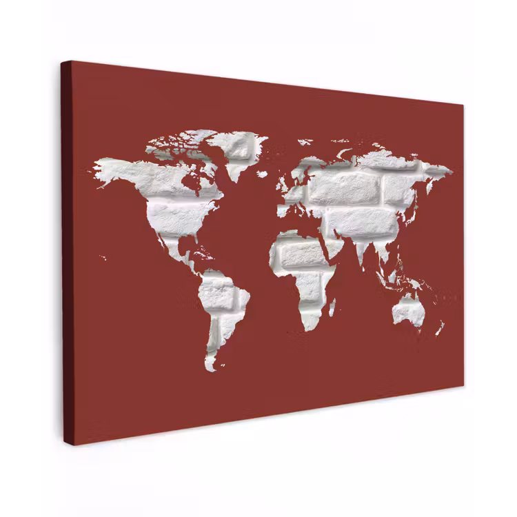 Wereldkaart - Baksteen - Wit - Rood canvas 2cm klein -z3d