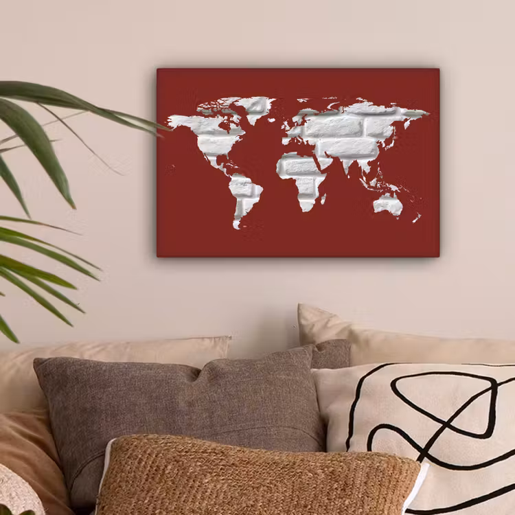Wereldkaart - Baksteen - Wit - Rood canvas 2cm klein -sfeer1