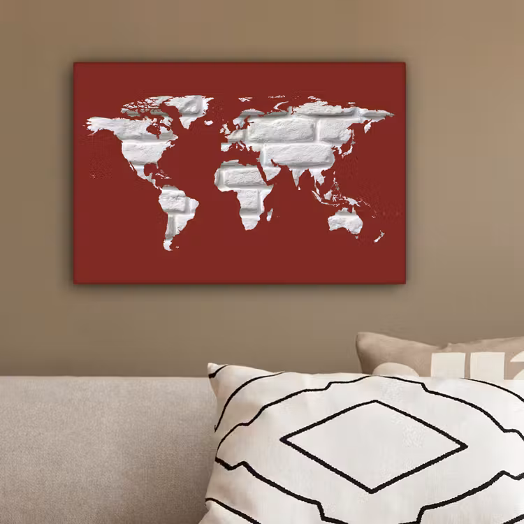 Wereldkaart - Baksteen - Wit - Rood canvas 2cm klein -sfeer3