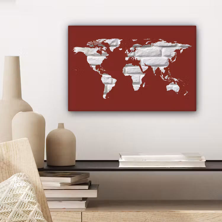 Wereldkaart - Baksteen - Wit - Rood canvas 2cm klein -sfeer6