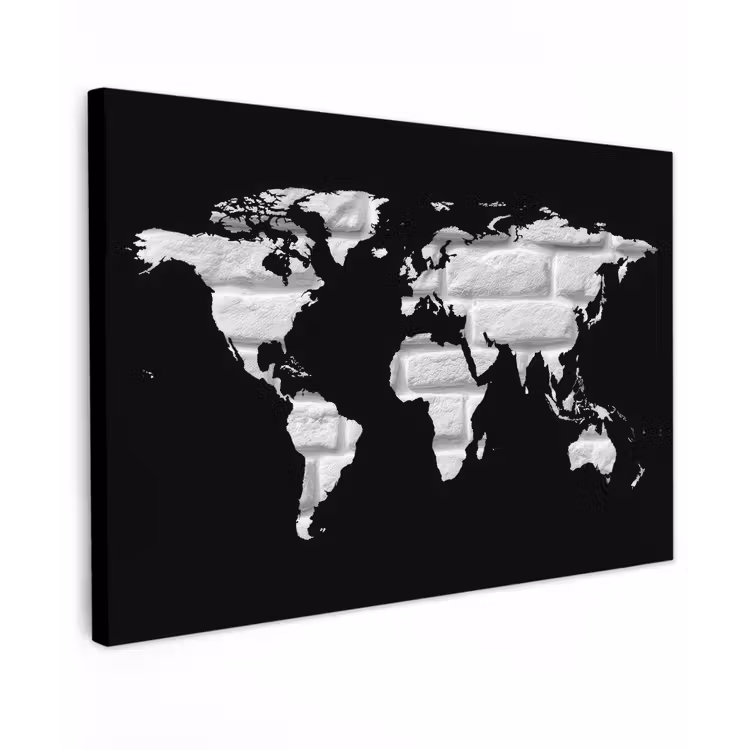 Wereldkaart - Baksteen - Wit - Zwart canvas 2cm klein -z3d