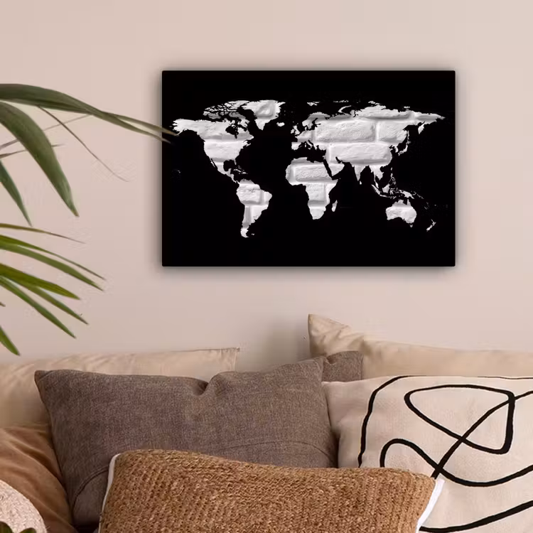 Wereldkaart - Baksteen - Wit - Zwart canvas 2cm klein -sfeer1