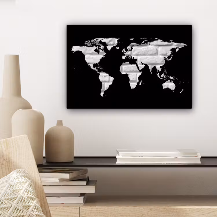 Wereldkaart - Baksteen - Wit - Zwart canvas 2cm klein -sfeer6
