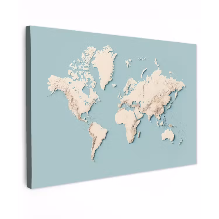 Wereldkaart - Beige - Blauw canvas 2cm klein -z3d