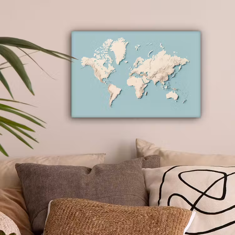 Wereldkaart - Beige - Blauw canvas 2cm klein -sfeer1