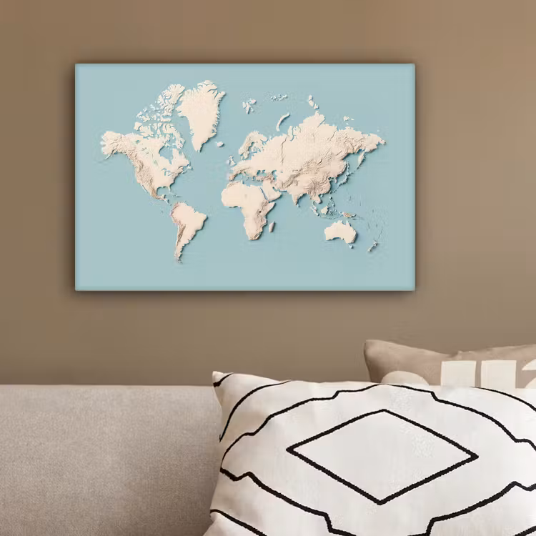 Wereldkaart - Beige - Blauw canvas 2cm klein -sfeer3