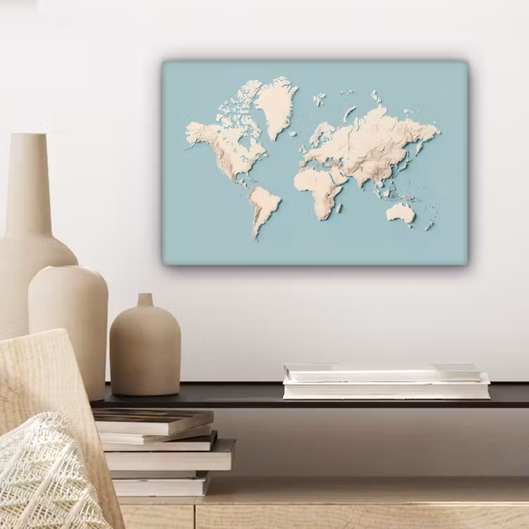 Wereldkaart - Beige - Blauw canvas 2cm klein -sfeer6
