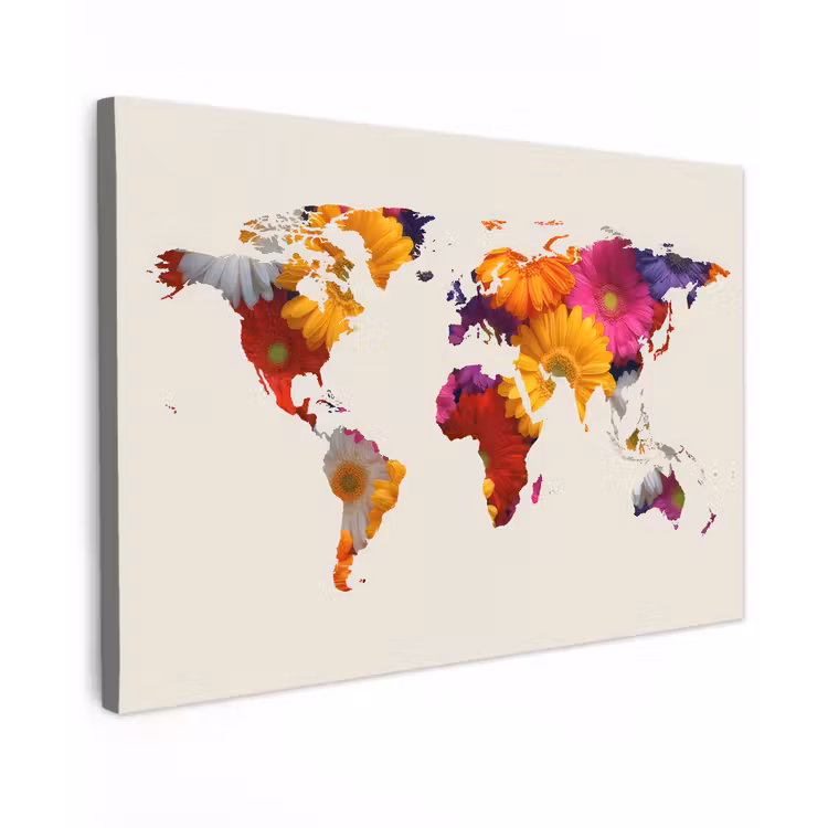 Wereldkaart - Beige - Bloemen canvas 2cm klein -z3d