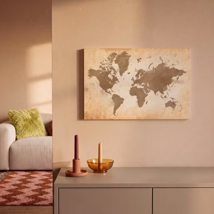 Wereldkaart - Beige - Bruin canvas 2cm klein -sfeer1