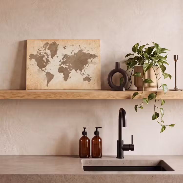Wereldkaart - Beige - Bruin canvas 2cm klein -sfeer3