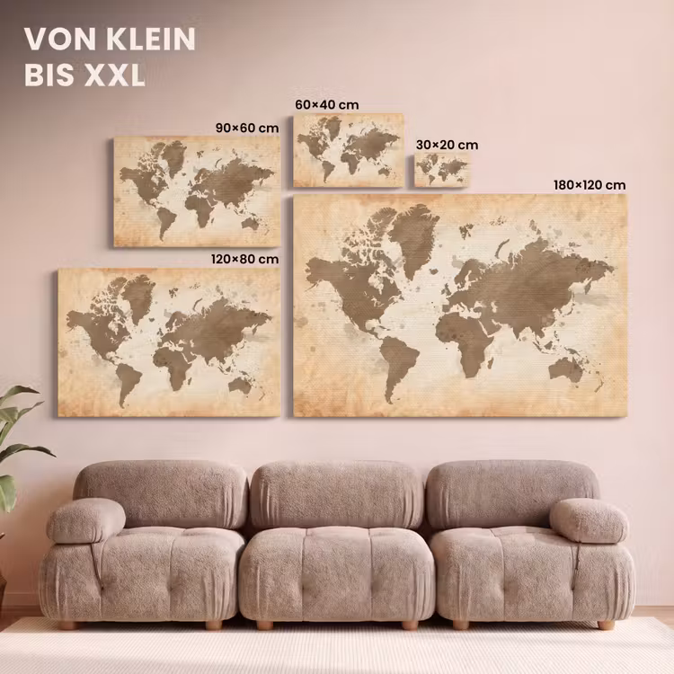 Wereldkaart - Beige - Bruin canvas 2cm klein -Xsfeer8_DE
