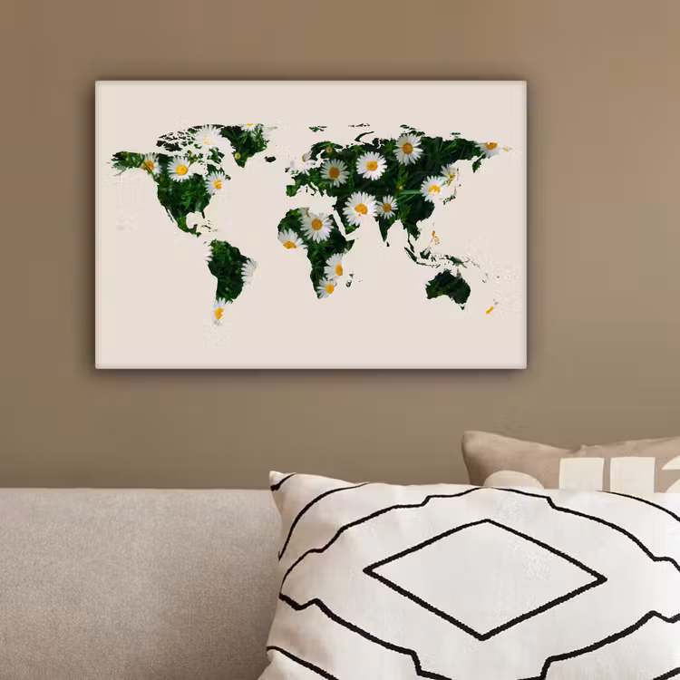 Wereldkaart - Beige - Madelief canvas 2cm klein -sfeer3