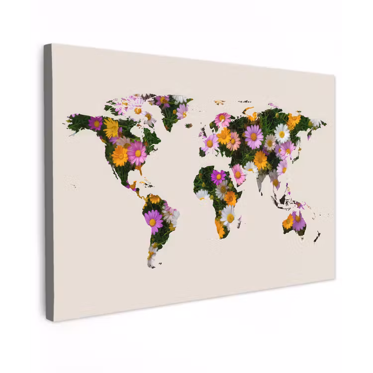 Wereldkaart - Beige - Madelief - Bloemen canvas 2cm klein -z3d