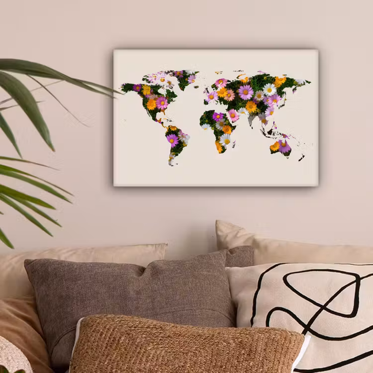 Wereldkaart - Beige - Madelief - Bloemen canvas 2cm klein -sfeer1