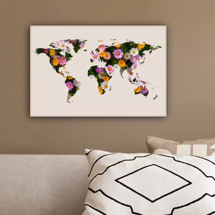 Wereldkaart - Beige - Madelief - Bloemen canvas 2cm klein -sfeer3