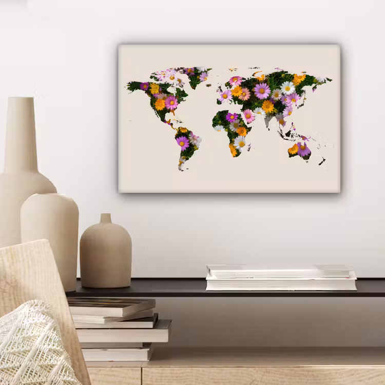 Wereldkaart - Beige - Madelief - Bloemen canvas 2cm klein -sfeer6
