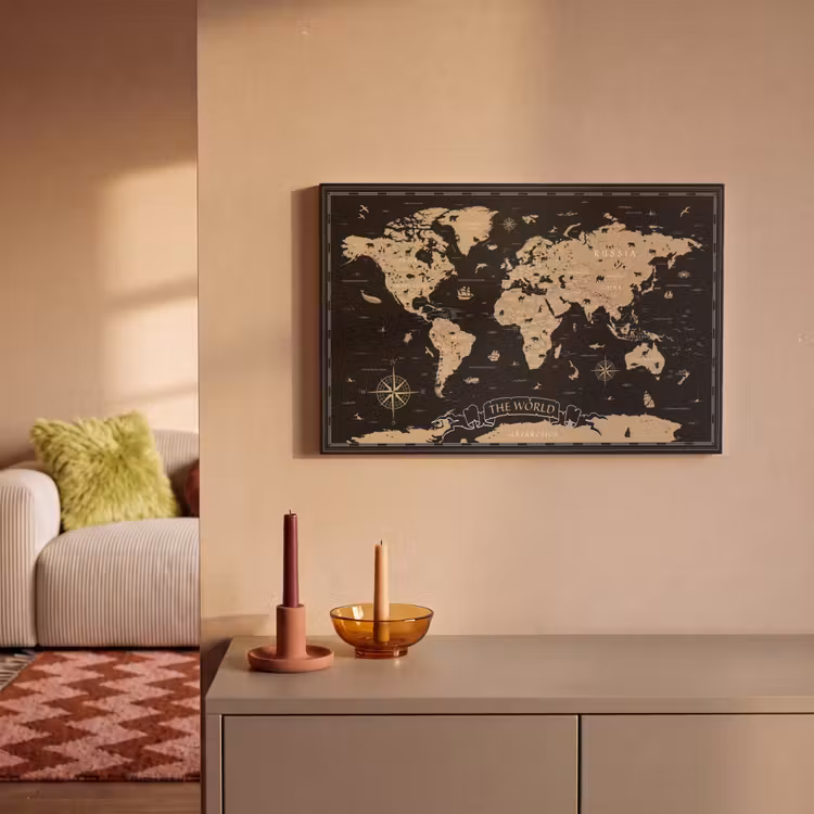 Wereldkaart - Beige - Zwart canvas 2cm klein -sfeer1