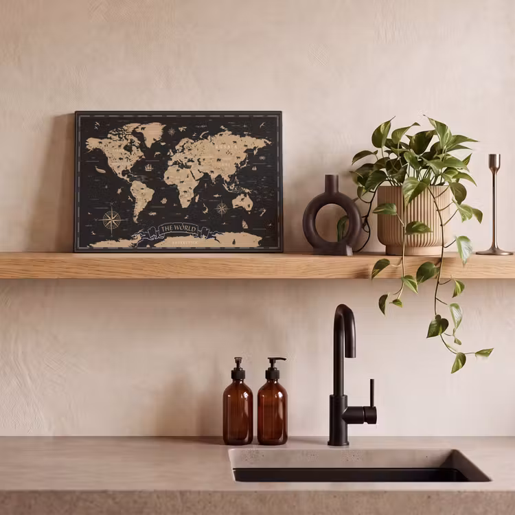 Wereldkaart - Beige - Zwart canvas 2cm klein -sfeer6