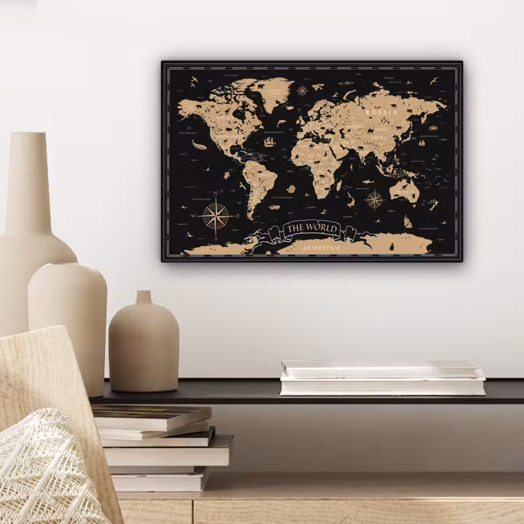 Wereldkaart - Beige - Zwart canvas 2cm klein -closeup_print_DE