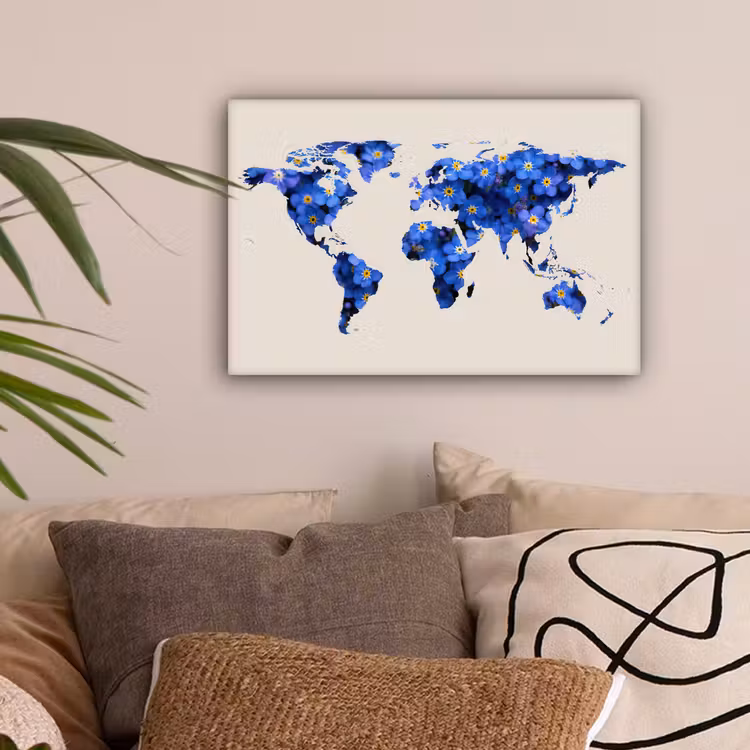 Wereldkaart - Beige - Vergeet me nietjes canvas 2cm klein -sfeer1
