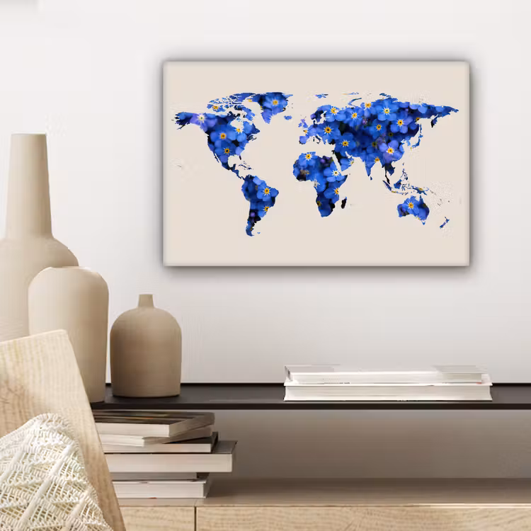 Wereldkaart - Beige - Vergeet me nietjes canvas 2cm klein -sfeer6