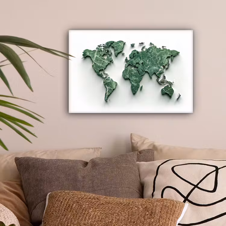 Wereldkaart - Bladeren - 3D canvas 2cm klein -sfeer1