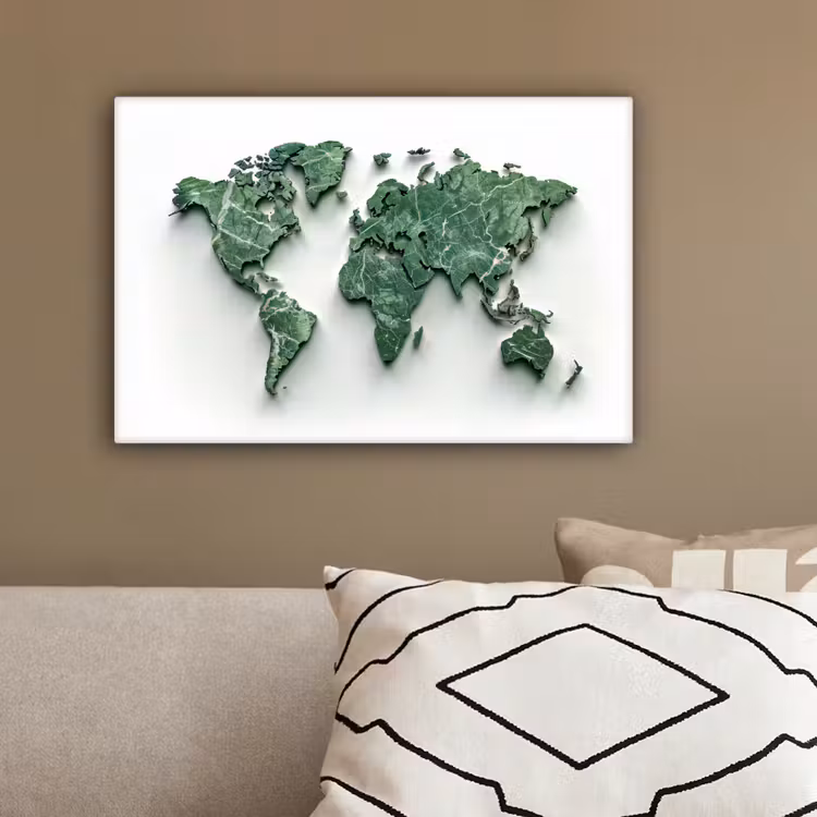 Wereldkaart - Bladeren - 3D canvas 2cm klein -sfeer3