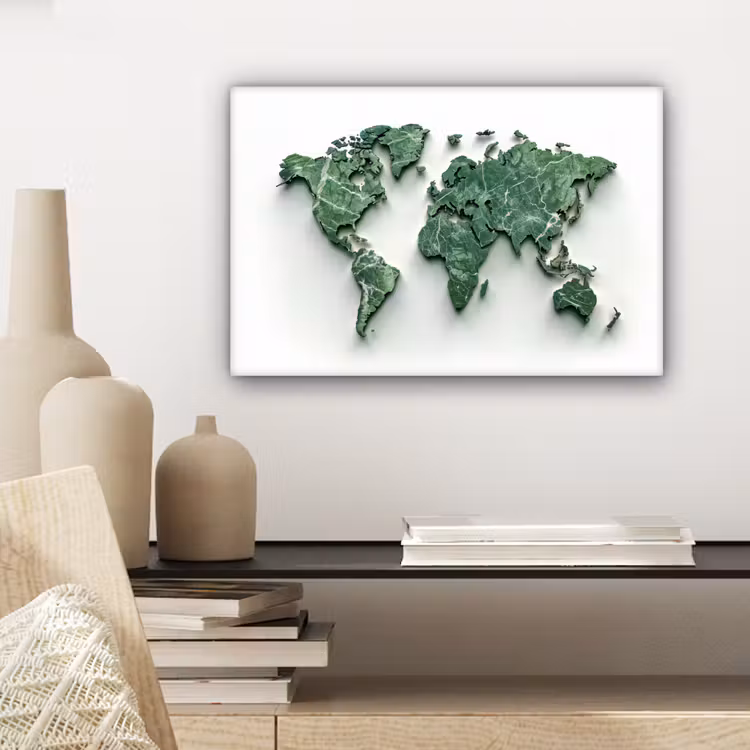 Wereldkaart - Bladeren - 3D canvas 2cm klein -sfeer6