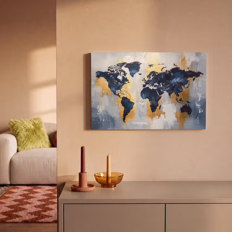Wereldkaart - Blauw - Abstract canvas 2cm klein -sfeer1
