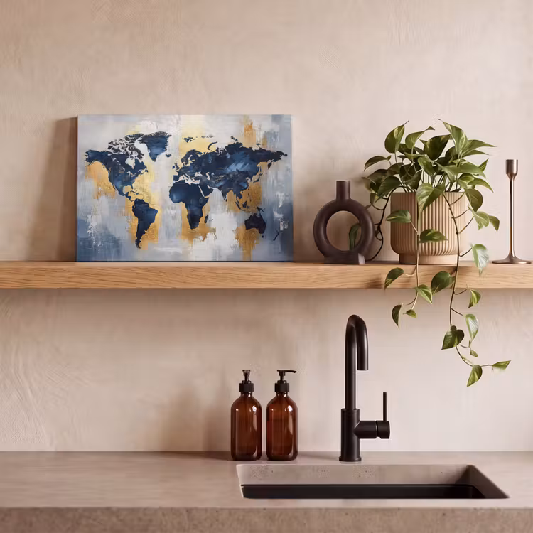 Wereldkaart - Blauw - Abstract canvas 2cm klein -sfeer6