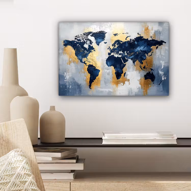 Wereldkaart - Blauw - Abstract canvas 2cm klein -closeup_print_DE