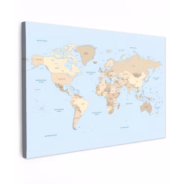 Wereldkaart - Blauw -Bruin canvas 2cm klein -z3d