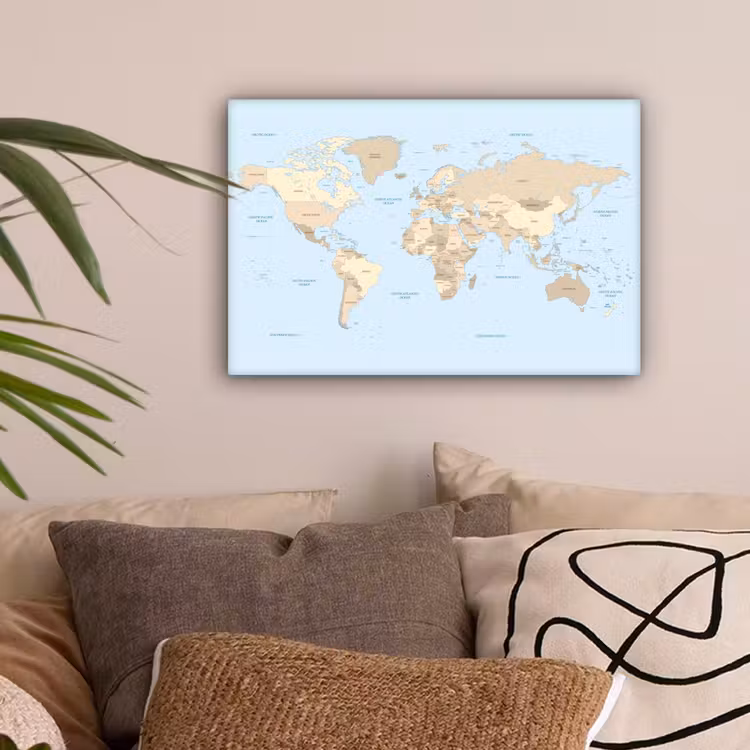 Wereldkaart - Blauw -Bruin canvas 2cm klein -sfeer1