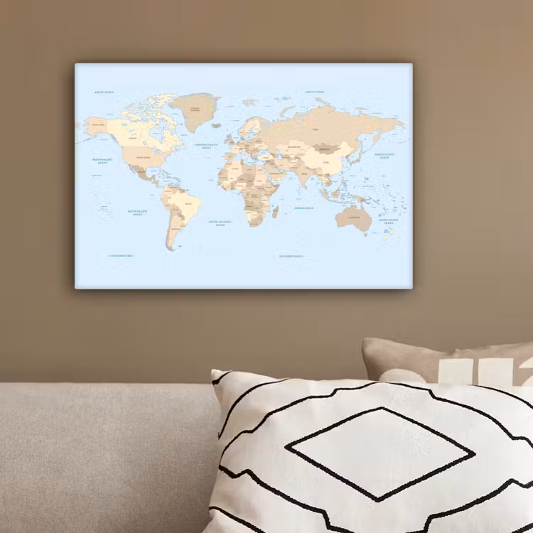 Wereldkaart - Blauw -Bruin canvas 2cm klein -sfeer3
