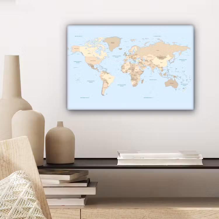 Wereldkaart - Blauw -Bruin canvas 2cm klein -sfeer6