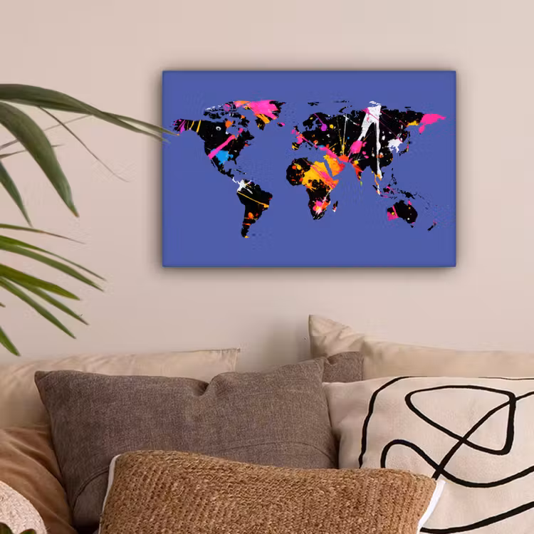 Wereldkaart - Blauw - Verf canvas 2cm klein -sfeer1