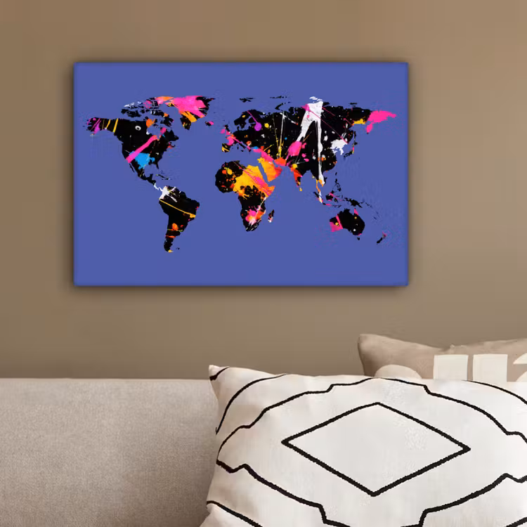 Wereldkaart - Blauw - Verf canvas 2cm klein -sfeer3