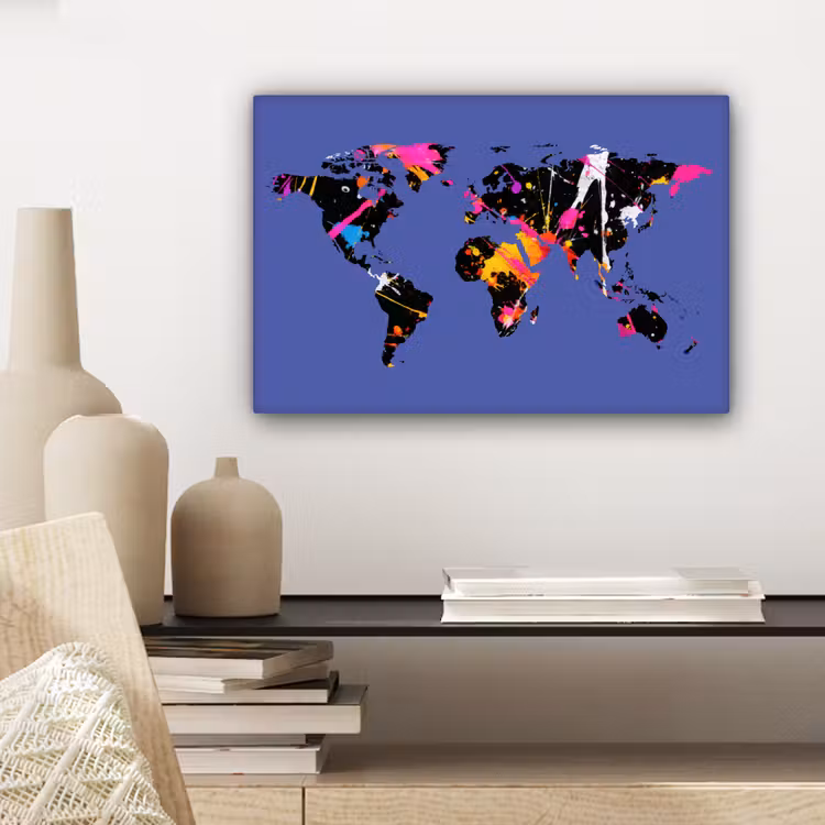 Wereldkaart - Blauw - Verf canvas 2cm klein -sfeer6