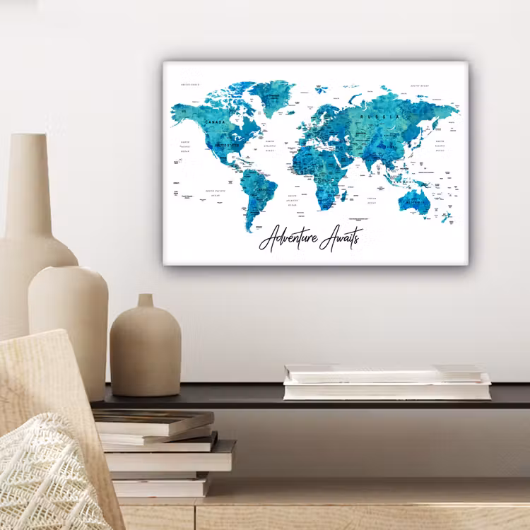 Wereldkaart - Blauw - Kleurrijk canvas 2cm klein -closeup_print_DE