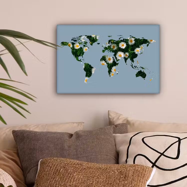 Wereldkaart - Blauw - Madelief canvas 2cm klein -sfeer1