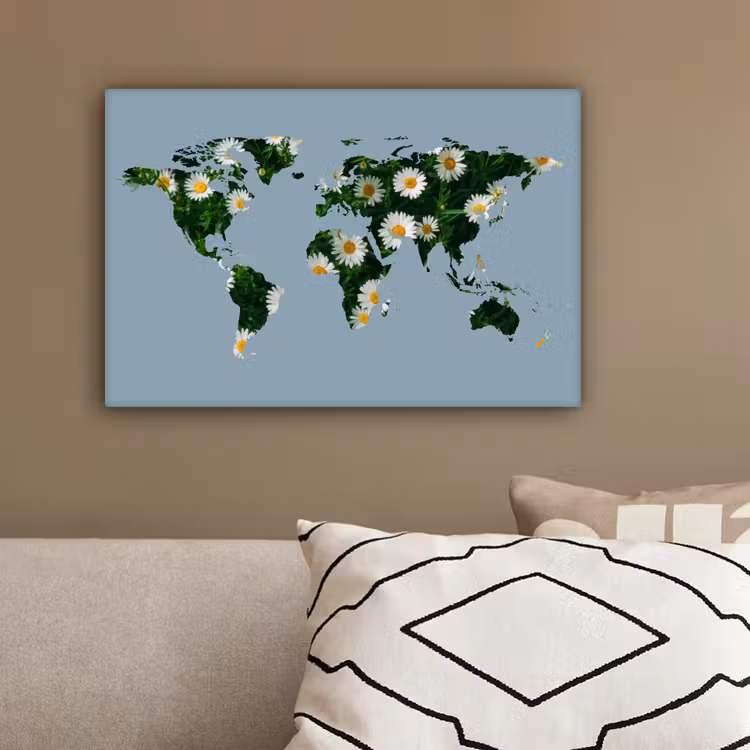 Wereldkaart - Blauw - Madelief canvas 2cm klein -sfeer3