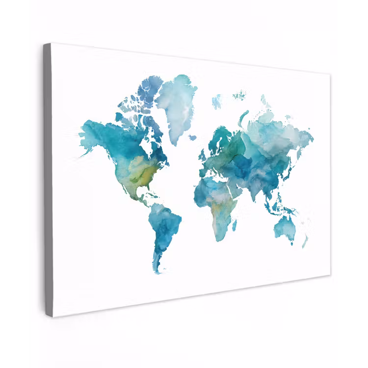 Wereldkaart - Blauw - Geschilderd - Transparant canvas 2cm klein -z3d
