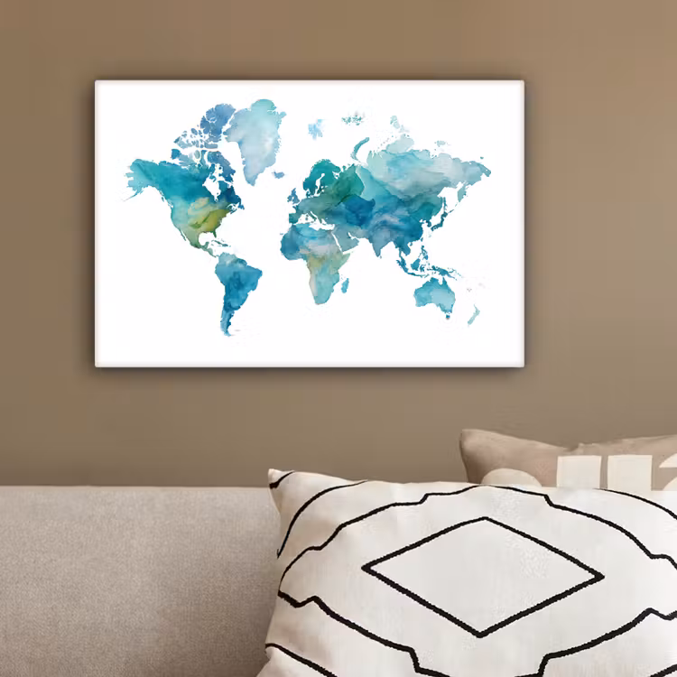 Wereldkaart - Blauw - Geschilderd - Transparant canvas 2cm klein -sfeer3